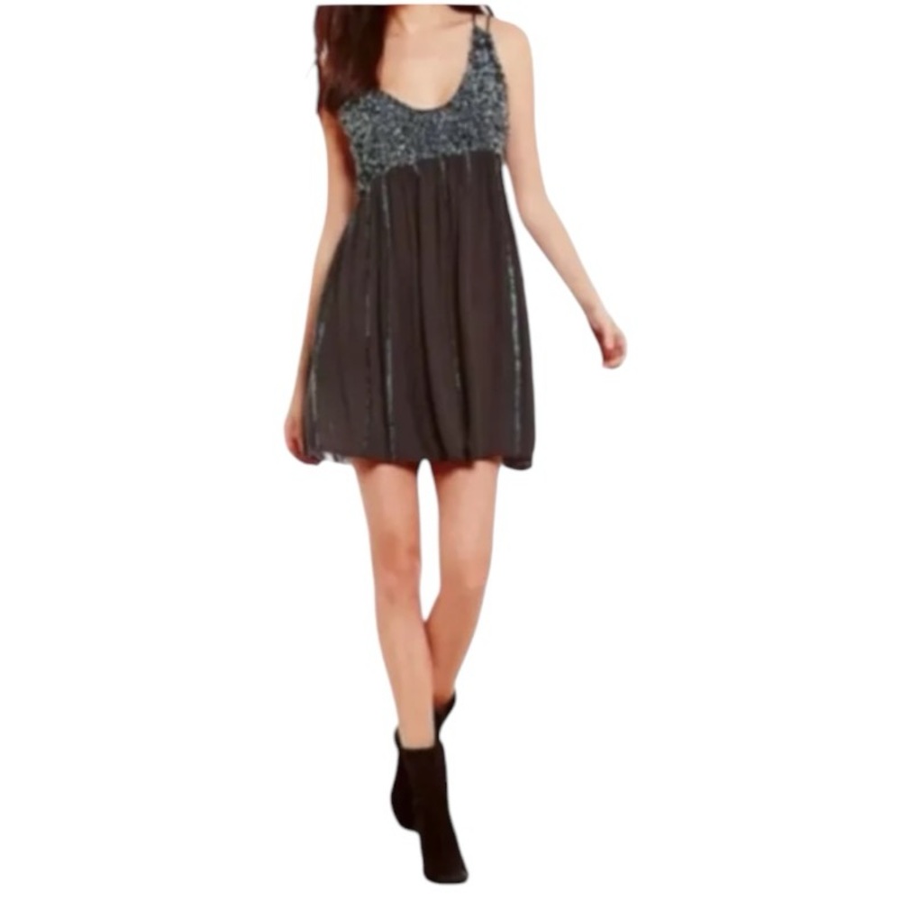 $148 Free People Black Bling Slip Dress Small 4 6 Strappy Back Sequins Crinkled
